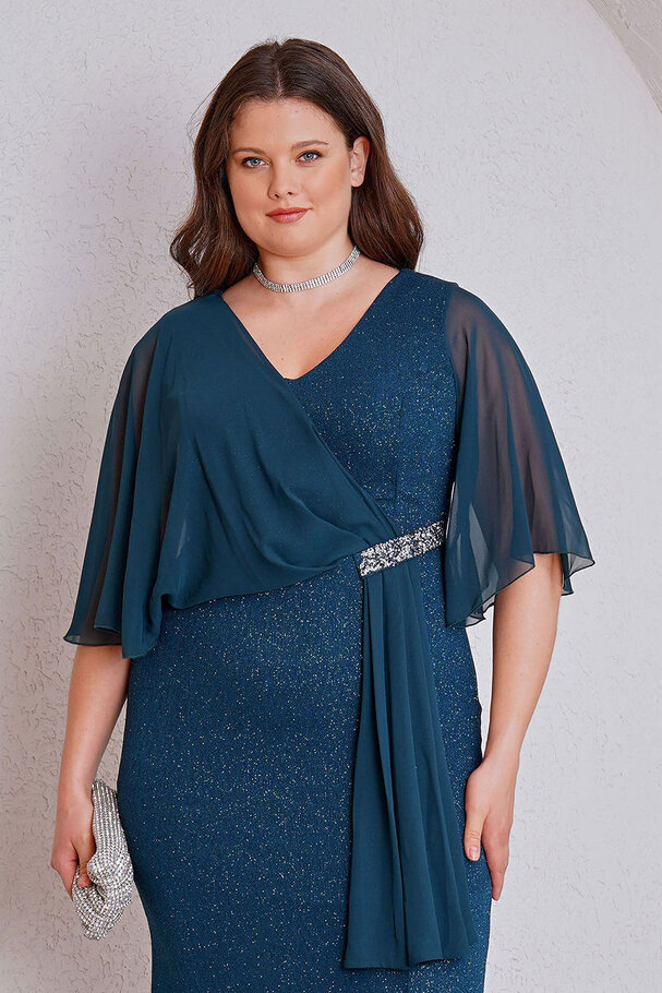 CHIFFON DETAIL STONE LONG EVENING DRESS
