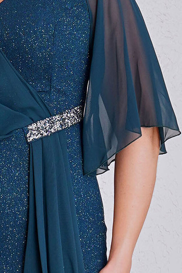 CHIFFON DETAIL STONE LONG EVENING DRESS