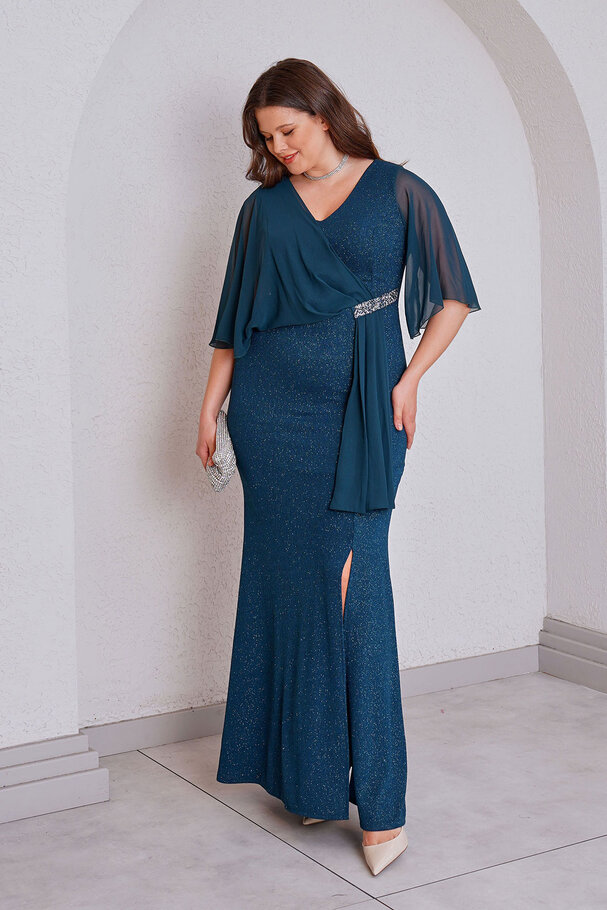 CHIFFON DETAIL STONE LONG EVENING DRESS