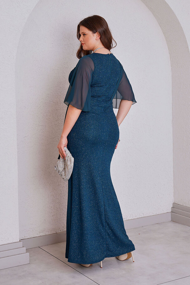 CHIFFON DETAIL STONE LONG EVENING DRESS