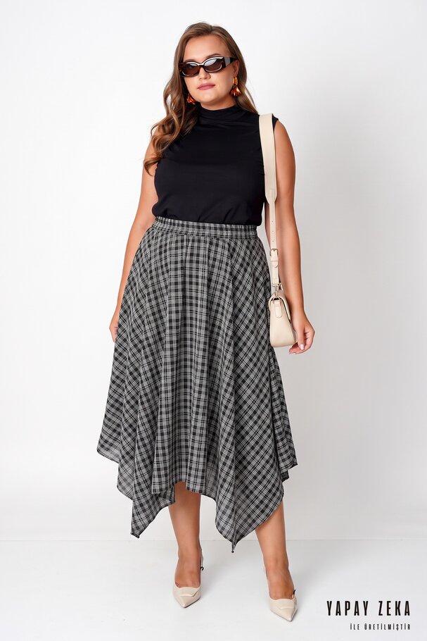 ELASTIC WAIST ASYMMETRIC COTTON CHECKED SKIRT
