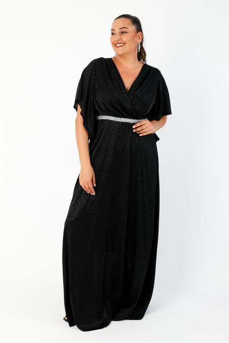 Büyük Moda - GLITTER CROSSOVER NECK LONG EVENING DRESS