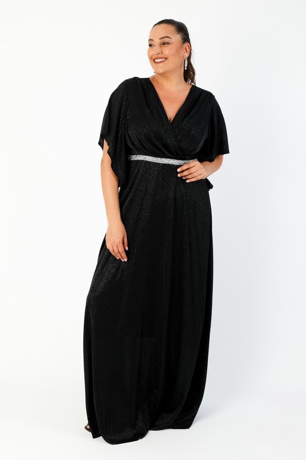 GLITTER CROSSOVER NECK LONG EVENING DRESS