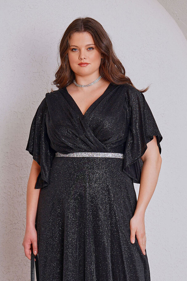 GLITTER CROSSOVER NECK LONG EVENING DRESS
