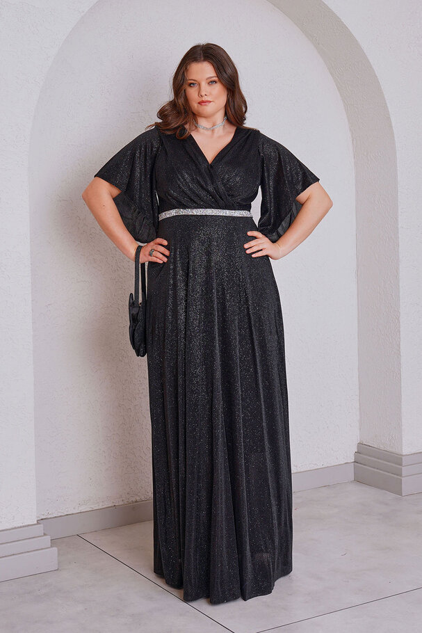 GLITTER CROSSOVER NECK LONG EVENING DRESS