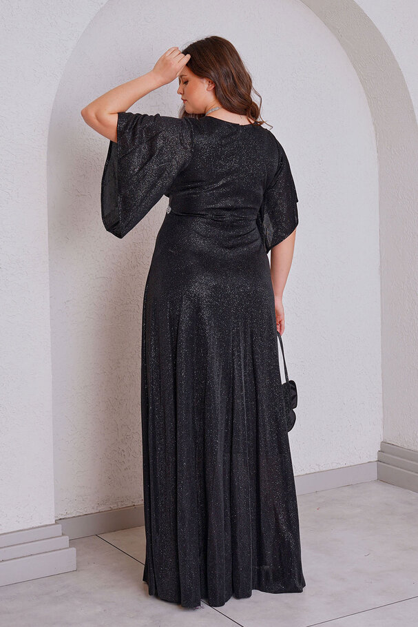 GLITTER CROSSOVER NECK LONG EVENING DRESS