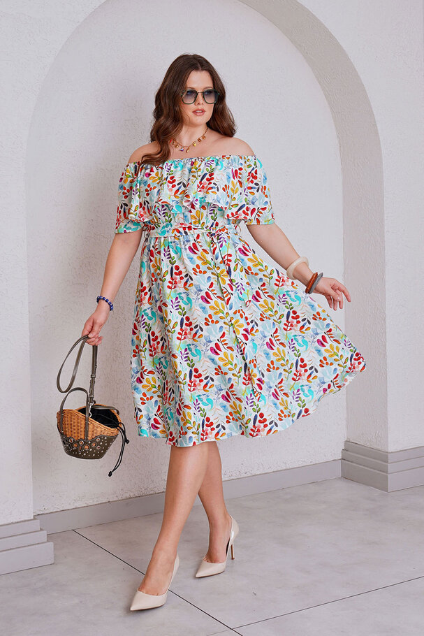 OFF-SHOULDER PRINTED LINEN-TEXTURED DRESS