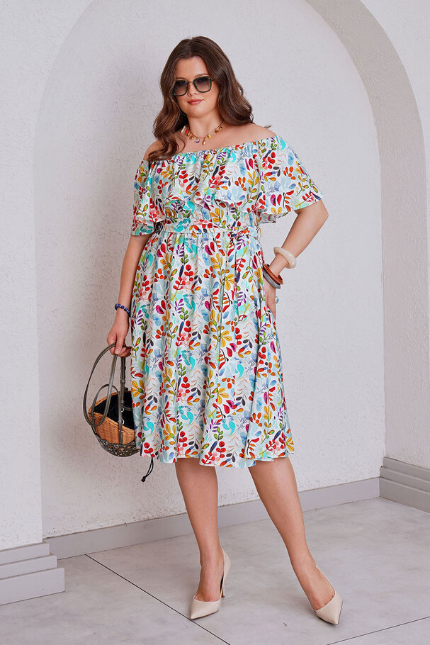OFF-SHOULDER PRINTED LINEN-TEXTURED DRESS