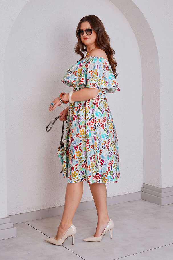OFF-SHOULDER PRINTED LINEN-TEXTURED DRESS