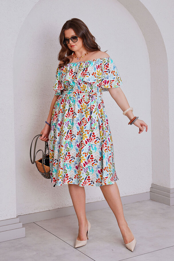 OFF-SHOULDER PRINTED LINEN-TEXTURED DRESS