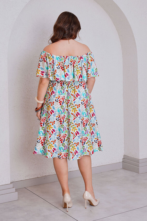 OFF-SHOULDER PRINTED LINEN-TEXTURED DRESS