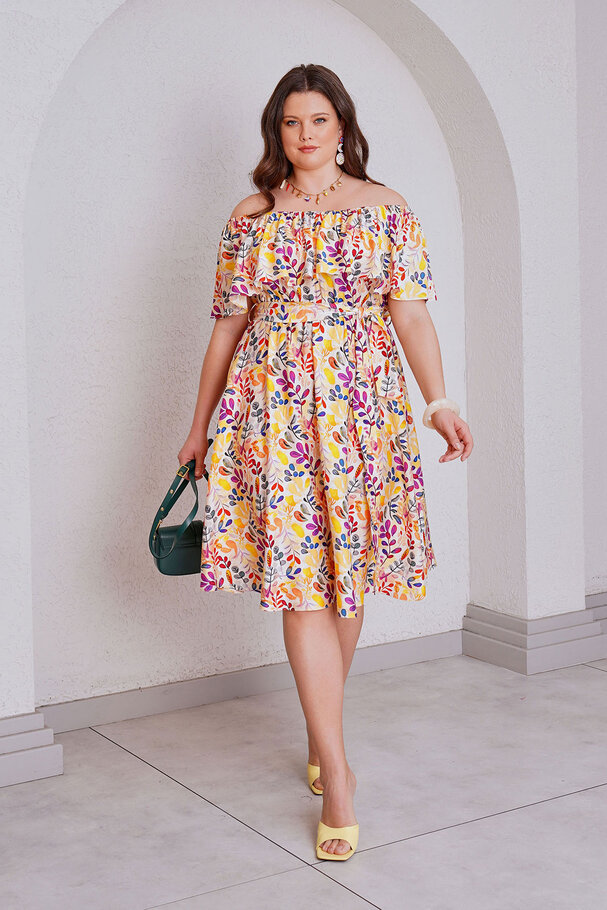 OFF-SHOULDER PRINTED LINEN-TEXTURED DRESS