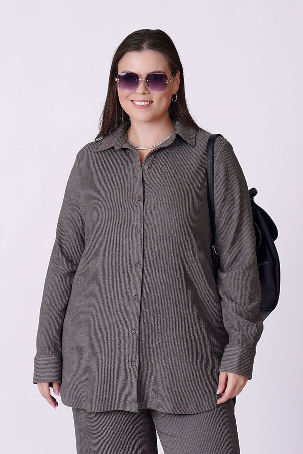 RIBBED TEXTURED STRETCH SHIRT TROUSER SET