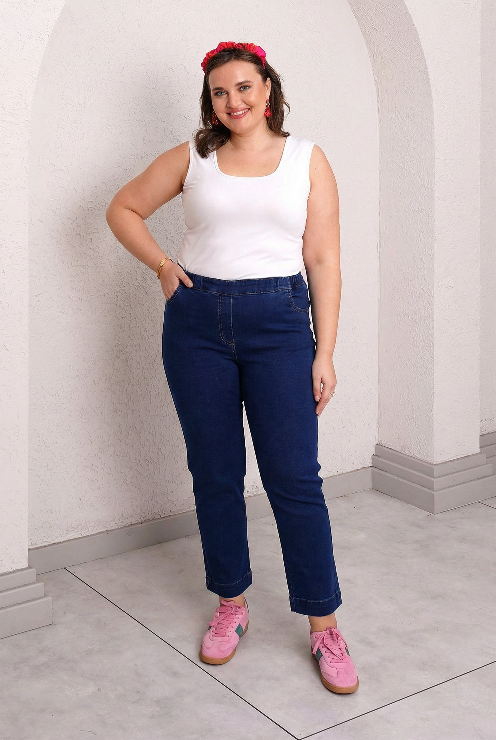 STRETCH ELASTIC WAIST MOM JEAN +54