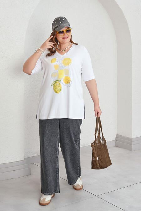  - V-YAKA DÖKÜMLÜ LİMON BASKILI TİŞÖRT (1)
