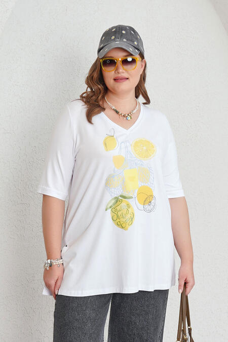 54009 - V-YAKA DÖKÜMLÜ LİMON BASKILI TİŞÖRT