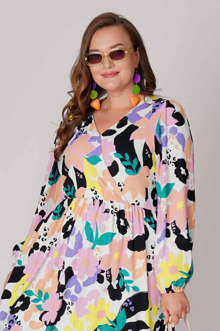  - V-YAKA MİDİ BOY DESENLİ ELBİSE (1)